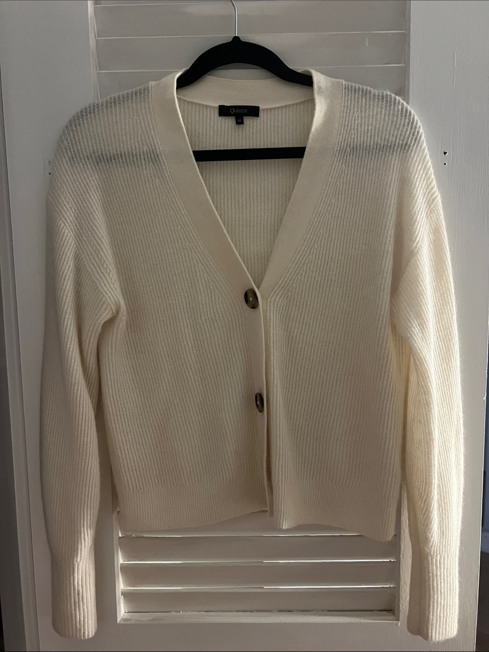 Quince Cream Ribbed V-Neck Button Cardigan